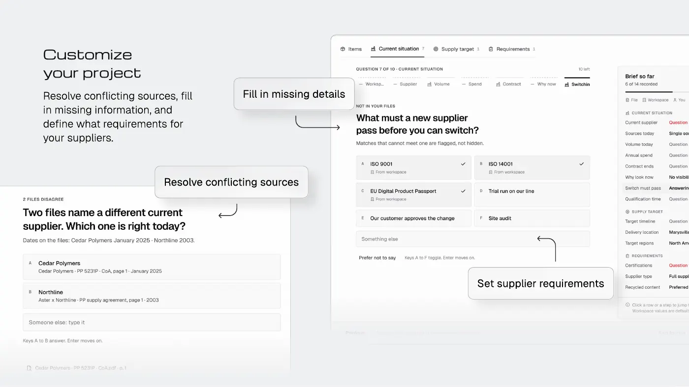Material Transition project workspace for resolving conflicting sources, filling missing details, and setting supplier requirements