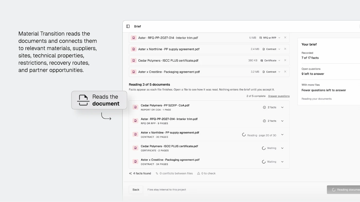 Deck slide showing uploaded project documents being read and connected to relevant materials, suppliers, sites, properties, restrictions, recovery routes, and partners