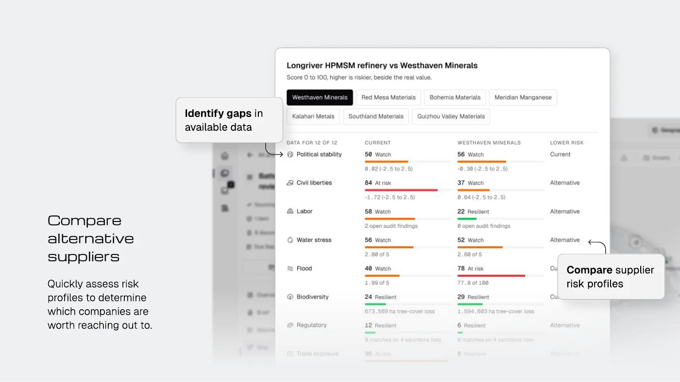 Deck slide comparing alternative suppliers, risk profiles, and available data