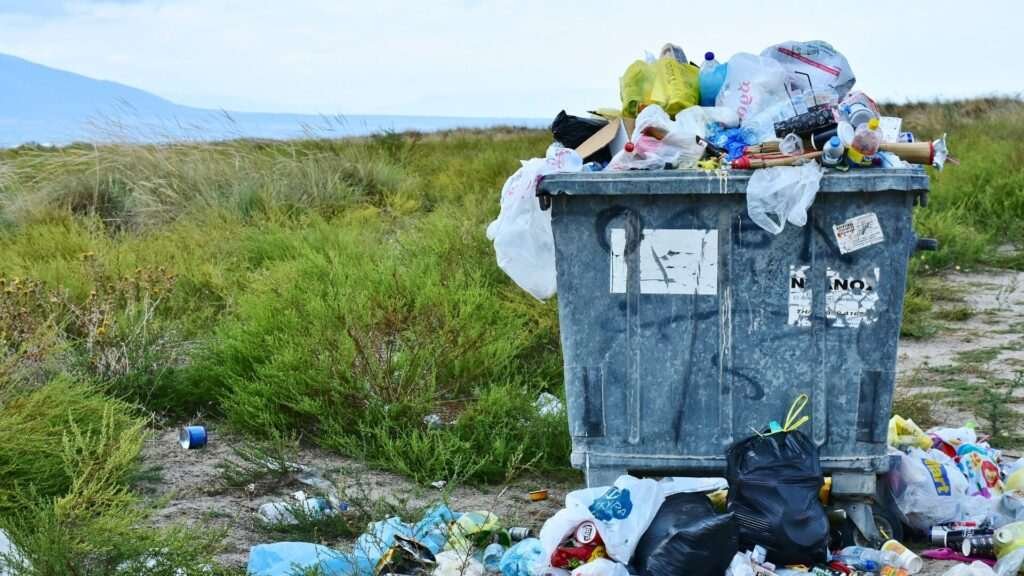 Overflowing trash bin polluting natural outdoor landscape